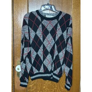 Vtg 90s Acrylic Knit Argyle Diamond Sweater Men's L Preppy Academia Black Gray